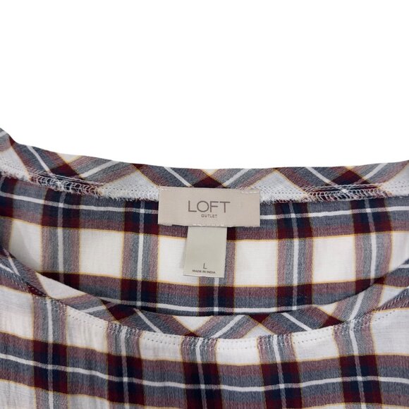 LOFT Outlet Pullover Plaid Long-Sleeve Rayon Blouse SZ L White & Multicolor - Picture 3 of 10